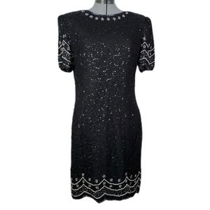 LAST CHANCE Vintage Kazar beaded sequin silk sheath black cocktail dress L